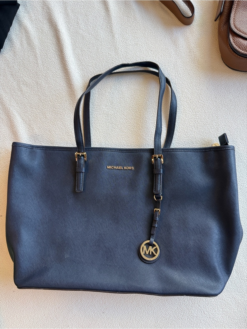 Michael Kors Navy Saffiano Leather Tote w Gold Accent & dust bag